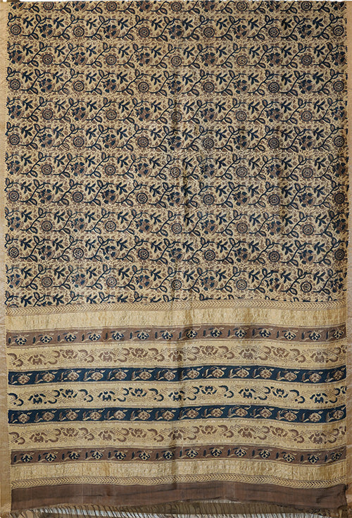 Hand woven cotton x silk block print natural dye sari