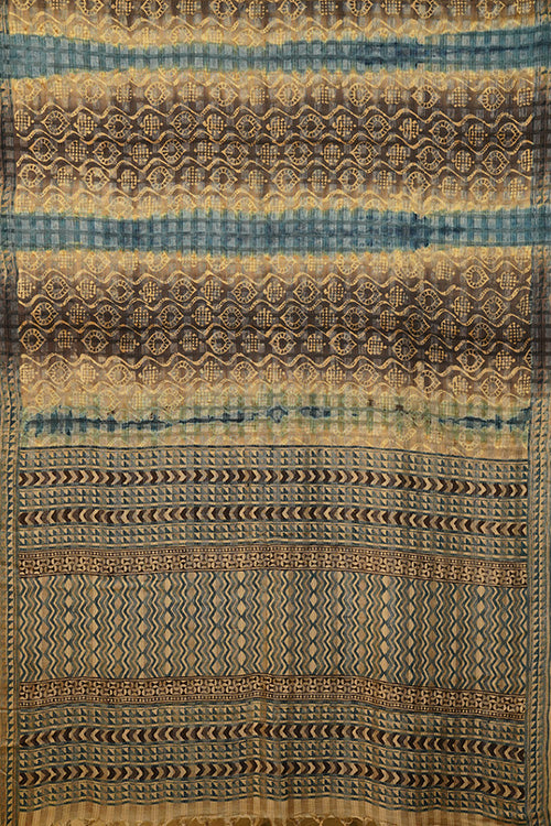 Hand woven self tussar check block printed sari in nature dye