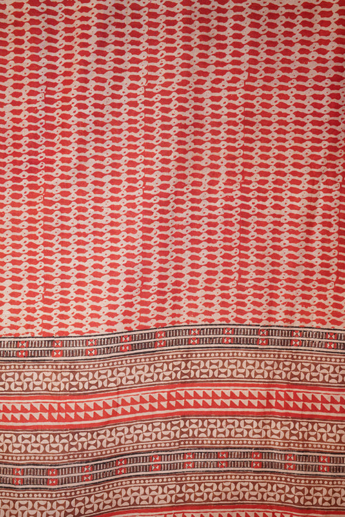 Hand woven cotton x tussar block print natural dye sari