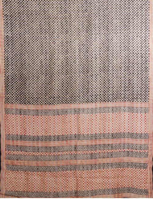 Hand woven tussar signature weave, block printed with natural dyes sari