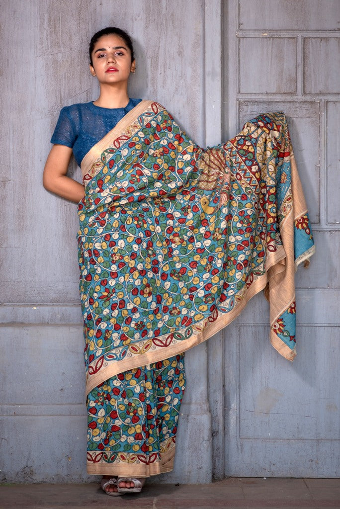 Hand woven Pure mulberry silk saree with hand painted kalamkari inspired  painting - SB004